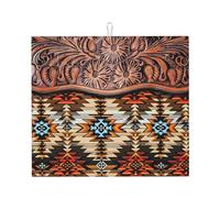 Drying Mat with Hanging Loop 41X46CM, Western Country Aztec Navajo Metal Cowhide Leather Black Draining Mats Protector Dish Drying Pad Easy Clean Dish Drainer Mat for Kitchen Counter Tabletop