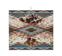 Drying Mat with Hanging Loop 41X46CM, Western Country Native American Cowhide Navajo Pattern Draining Mats Easy Clean Dish Drying Pad Non-Slip Dish Drainer Mat for Counter Kitchen Countertops