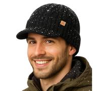 DryKnit™ Black Waterproof 80% Merino Wool Blend Beanie Hat with Brim Visor Fleece Lined Knit Winter Cap for Men Women Large Head Warm Outdoor Hiking Cold Weather Gear M/L