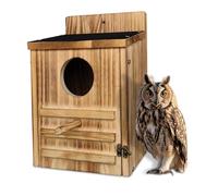 DRYLF Screech Owl House, Owl Bird Box Large Handmade Wooden Circular Opening Screech Box for Outside with Mounting Screws and A Bag of Wood Shavings, Easy Assembly Required (Brown, 9" x 14.5")-1