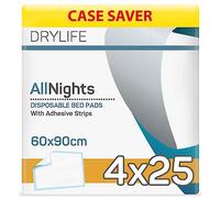 Drylife All Nights Disposable Incontinence Bed Pads with Adhesive Strips | Fast Absorption, Odour Locking, Soft, Comfortable, Strong & Secure | Suitable for All Ages - 60cm x 90cm (4 Packs of 25)