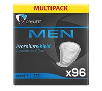 Drylife Men Level 1 Premium Shield Incontinence Pads for Bladder Weakness | Ultra Protection, Discreet Male Design & Active Odour Control for Men (8 Packs of 12)