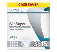 Drylife Slip Super Disposable All-in-One Unisex Incontinence Briefs - PE Plastic Backed, Fast Absorption, Anti-Leak Protection, Odour Control & Moisture Indicator - Large (3 Packs of 15)