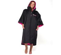 Dryrobe Advance SHORT SLEEVE Waterproof Changing Robe - Oversized Coat with Fleece Lining - Hooded Jacket for Beach, Cold Water Wild Swimming, Surfing - Unisex, Men, Women & Kids - Large - Black/Pink