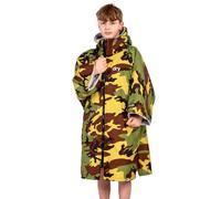 Dryrobe Advance SHORT SLEEVE Waterproof Changing Robe - Oversized Swim Parka Coat with Fleece Lining - Hooded Jacket for Beach, Cold Water Wild Swimming, Surfing - Childs Age 10-13 - Camo/Grey