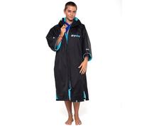 Dryrobe Advance SHORT SLEEVE Waterproof Changing Robe - Oversized Coat with Fleece Lining - Hooded Jacket for Beach, Cold Water Wild Swimming, Surfing - Unisex, Men, Women & Kids - Small - Black/Blue