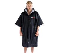 Dryrobe Advance SHORT SLEEVE Waterproof Changing Robe - Oversized Coat with Fleece Lining - Hooded Jacket for Beach, Cold Water Wild Swimming, Surfing - Unisex, Men, Women & Kids - 10-13 -Black/Grey