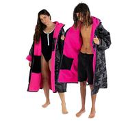 Dryrobe® Advance - The Original Long Sleeve Waterproof Changing Robe - Oversized Coat with Fleece Lining - for Beach, Cold Water Wild Swimming, Surfing - Unisex - Medium - Black Camo/Pink