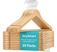 DrySmart 20 Pack Wooden Coat Hangers with 360° Swivel Hook, Round Trouser Bar & Shoulder Notches - Durable Space-Saving Closet Hangers for Men & Women