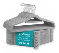 DrySmart 30 Pack Velvet Hangers Non Slip Flocked Coat Hangers with Tie Bar, Space Saving Heavy Duty Clothes Hanger for Suit Jacket Trouser and Wardrobe Storage (Grey)