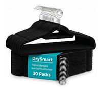 DrySmart 30 Pack Velvet Hangers Non Slip Flocked Coat Hangers with Tie Bar, Space Saving Heavy Duty Clothes Hanger for Suit Jacket Trouser and Wardrobe Storage (Black)