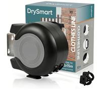 DrySmart 30m Dual Retractable Washing Line Wall Mounted - 2x15m Extendable Clothes Line with Automatic Retraction, Durable PVC Coated, Space Saving for Indoor Outdoor Use