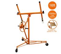 Drywall Lifter 4ft - 16ft Hoist Plaster Board Jack Tool 68kg Lifting Capacity Tilting Action 3 x 10cm Lockable Caster Wheels Mobile Heavy Duty Powder Coated Steel Foldable Frame Commercial DIY T-Mech