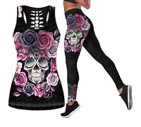 DRZHEAM Women 2 Piece Casual Skull Outfits 3D Printed Hollow Out Tank Tops Yoga Leggings Jogger Sets Activewear (XXL)