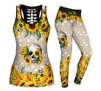 DRZHEAM Women 2 Piece Casual Skull Outfits 3D Printed Hollow Out Tank Tops Yoga Leggings Jogger Sets Activewear, Yellow, XXL