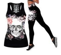 DRZHEAM Women’s Sugar Skull Yoga Outfits for Women 2 Piece Sets, Spring Sleeveless Tank Tops Leggings Workout Activewear for Girls (B-2, XXL)