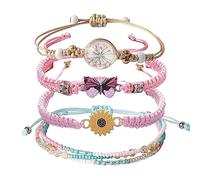 DS 4 x Bead Charm Bracelets for Teen Girls Petite Cute Cartoon Butterfly Daisy Eternal Flower Bead Bracelets Set for Women Girls Adjustable Stretch Bracelet, Glass cotton