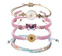 DS 4 x Bead Charm Bracelets for Teen Girls Petite Cute Cartoon Butterfly Daisy Eternal Flower Bead Bracelets Set for Women Girls Adjustable Stretch Bracelet
