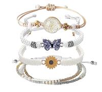DS 4 x Bead Charm Bracelets for Teen Girls Petite Cute Cartoon Butterfly Daisy Eternal Flower Bead Bracelets Set for Women Girls Adjustable Stretch Bracelet