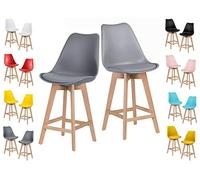 DS Bar stool Plastic seat with PU cushion Bar, kitchen breakfast, wooden legs (Yellow, 2)