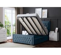 DS Living Allegra Upholstered Blue Panel Bed With Headboard And Ottoman Base Storage King