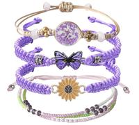 DS - Set of 4 Charm Bracelets for Teen Girls, Delicate and Cute, Cartoon Butterfly Daisy Eternal Flowers for Women and Girls, Adjustable Elastic Bracelet, Ajustable, Rope + alloy + glass, No Gemstone