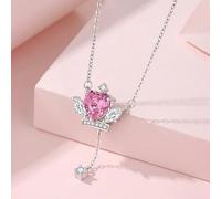 Ds UUby S925 Silver Inlaid Pink Heart-shaped Zircon Pendant Necklace For Women, Guardian's Heart Crown Tassel Collarbone Chain, Gift A