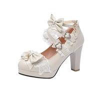DSAI Summer Ladies High Heel Thick Bottom Cute Bow Knot Lace Princess Mary Jane Lolita Shoes Party High Heel Buckle Girls Shallow Mouth Girls Sweet-5,3