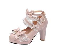 DSAI Summer Ladies High Heel Thick Bottom Cute Bow Knot Lace Princess Mary Jane Lolita Shoes Party High Heel Buckle Girls Shallow Mouth Girls Sweet-6,3
