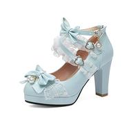DSAI Summer Ladies High Heel Thick Bottom Cute Bow Knot Lace Princess Mary Jane Lolita Shoes Party High Heel Buckle Girls Shallow Mouth Girls Sweet-3,6.5