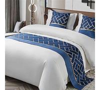 DSAoTeng Bed Runners and 2 Cushions Set, Scarves Bed Runners Hotel Bed Scarf Bedding Bed Towel Luxury Bedspread Protection for Living Room Bedroom Hotel (Dark Blue Gold,50x260+50x50cm)