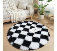 DSAoTeng Checkered Round Bathroom Rug - Modern Fluffy Soft Thick Shaggy Large Circle Carpet Soft Mat for Living Room Nursery Bedroom Coffee Table Chair Hanging Basket Decor (Black,60x60)