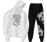 Chinese Dragon Print Tracksuit Set Unisex Dragon Hoodies Sweatshirt & Jogger Pants Two Piece Set (M,White 2)