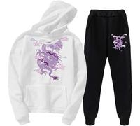 Chinese Dragon Print Tracksuit Set Unisex Dragon Hoodies Sweatshirt & Jogger Pants Two Piece Set (XL,White 1)