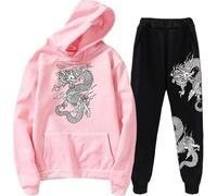Chinese Dragon Print Tracksuit Set Unisex Dragon Hoodies Sweatshirt & Jogger Pants Two Piece Set (M,Pink 2)
