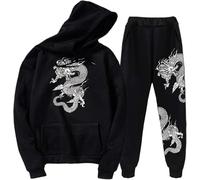 Chinese Dragon Print Tracksuit Set Unisex Dragon Hoodies Sweatshirt & Jogger Pants Two Piece Set (L,Black 2)