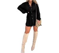 DSAoTeng Gokame Satin Covered Nights Romper Dress, Satin Dress Set, Casual Button Shirt Dress Shorts Set, Solid Color Long Sleeve Shirt Suit (Black,5XL)