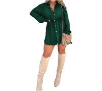 DSAoTeng Gokame Satin Covered Nights Romper Dress, Satin Dress Set, Casual Button Shirt Dress Shorts Set, Solid Color Long Sleeve Shirt Suit (Green,XL)
