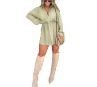 DSAoTeng Gokame Satin Covered Nights Romper Dress, Satin Dress Set, Casual Button Shirt Dress Shorts Set, Solid Color Long Sleeve Shirt Suit (Mint Green,L)