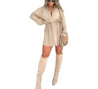 DSAoTeng Gokame Satin Covered Nights Romper Dress, Satin Dress Set, Casual Button Shirt Dress Shorts Set, Solid Color Long Sleeve Shirt Suit (Apricot,M)