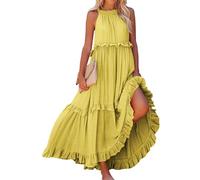 DSAoTeng Halter Neck Maxi Dresses for Women - Summer Loose Sleeveless Pleated Tiered Long Dress, Casual Boho Tie Back Flowy Ruffle Hem, Elegant Flared Sundress for Beach Vacation (A14-yellow,M)