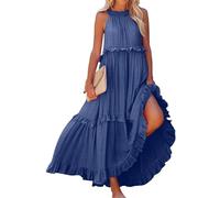 DSAoTeng Halter Neck Maxi Dresses for Women - Summer Loose Sleeveless Pleated Tiered Long Dress, Casual Boho Tie Back Flowy Ruffle Hem, Elegant Flared Sundress for Beach Vacation (A09-navy,XL)