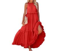 DSAoTeng Halter Neck Maxi Dresses for Women - Summer Loose Sleeveless Pleated Tiered Long Dress, Casual Boho Tie Back Flowy Ruffle Hem, Elegant Flared Sundress for Beach Vacation (A11-red,XXL)