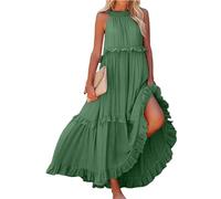 DSAoTeng Halter Neck Maxi Dresses for Women - Summer Loose Sleeveless Pleated Tiered Long Dress, Casual Boho Tie Back Flowy Ruffle Hem, Elegant Flared Sundress for Beach Vacation (A05-green,L)