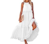 DSAoTeng Halter Neck Maxi Dresses for Women - Summer Loose Sleeveless Pleated Tiered Long Dress, Casual Boho Tie Back Flowy Ruffle Hem, Elegant Flared Sundress for Beach Vacation (A13-white,M)
