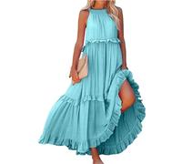 DSAoTeng Halter Neck Maxi Dresses for Women - Summer Loose Sleeveless Pleated Tiered Long Dress, Casual Boho Tie Back Flowy Ruffle Hem, Elegant Flared Sundress for Beach Vacation (A07-light Blue,XL)