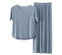 DSAoTeng Ice Silk Sleepwear Set for Women - Summer Plus Size Pajama Set with Loose V-Neck Top & Wide Leg Pants, Breathable Cooling Loungewear for Home, Travel & Nightwear (#3,XL)