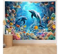 DSAoTeng Underwater World Wall Tapestry - Blue Ocean Tropical Fish Coral Reef Wall Hanging, Deep Sea Aquarium Undersea Magic Scene, for Bedroom, Dorm Room, Living Room Decor (Dolphin 2,400x230cm)