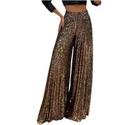 DSAoTeng Women Bling Sequin Pants High Waisted Wide Leg-Solid Color Elastic Sparkly Bell Palazzo Trousers Bottom Party Pants Night Out (Brown,XXL)