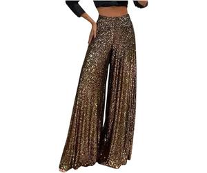 DSAoTeng Women Bling Sequin Pants High Waisted Wide Leg-Solid Color Elastic Sparkly Bell Palazzo Trousers Bottom Party Pants Night Out (Brown,XXL)